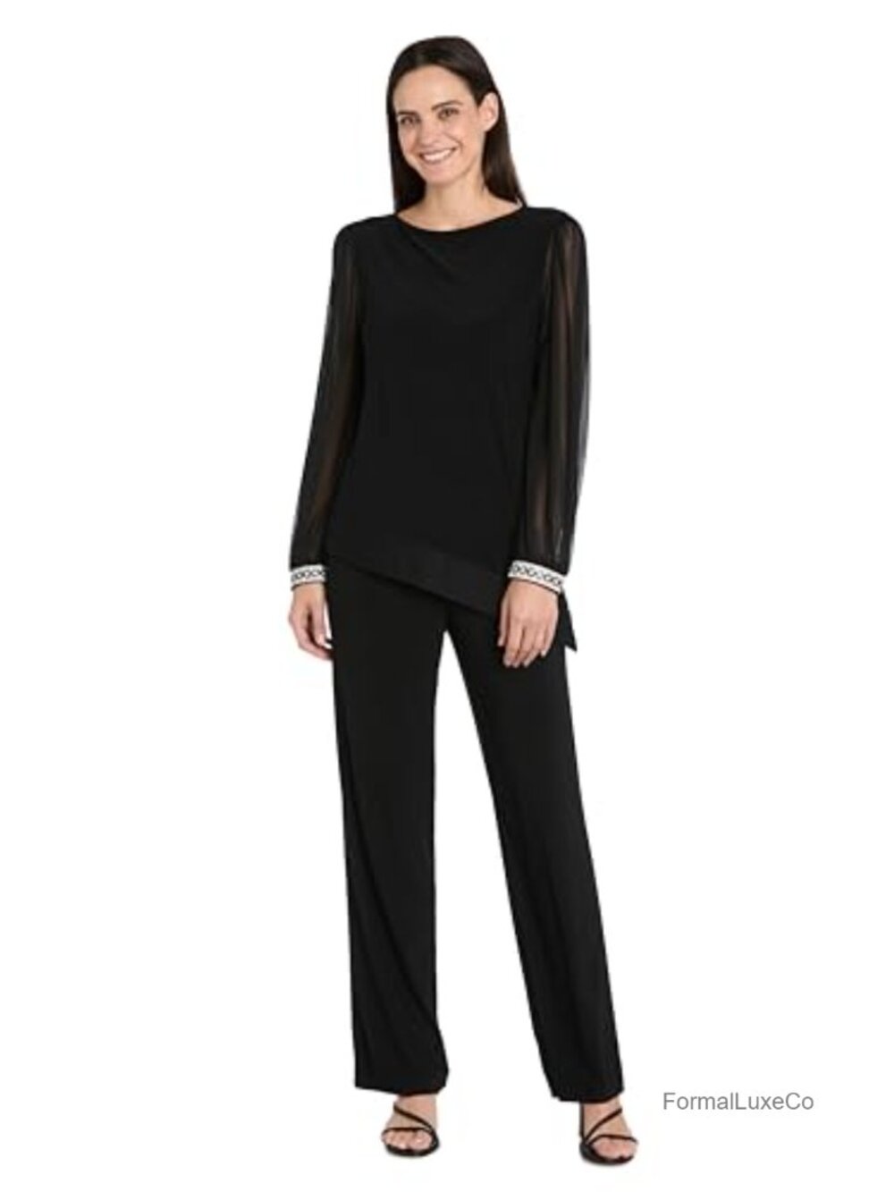R&M Richards Sheer Long Sleeve Asymmetric Chiffon Top with Rhinestone Cuffs |